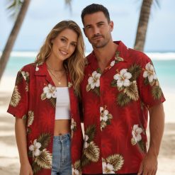 Ryan Reynolds Hawaiian shirt from Red Notice with white hibiscus flowers and green foliage on red base
