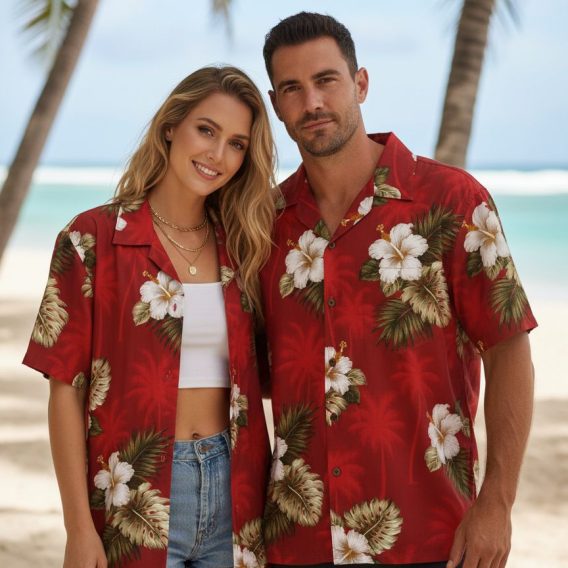 Ryan Reynolds Hawaiian shirt from Red Notice with white hibiscus flowers and green foliage on red base