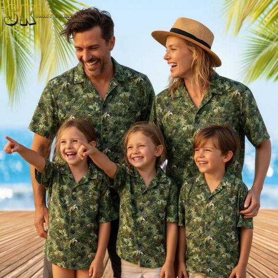 Sage green hawaiian shirt with botanical leaf pattern displaying tropical foliage and plant details