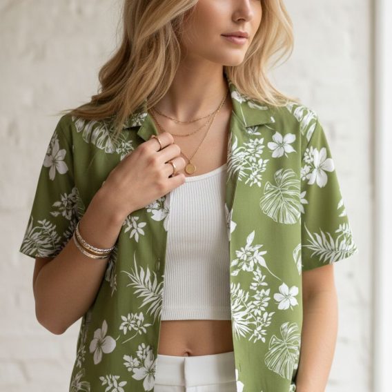 Sage green Hawaiian shirt with white botanical flowers and tropical leaves