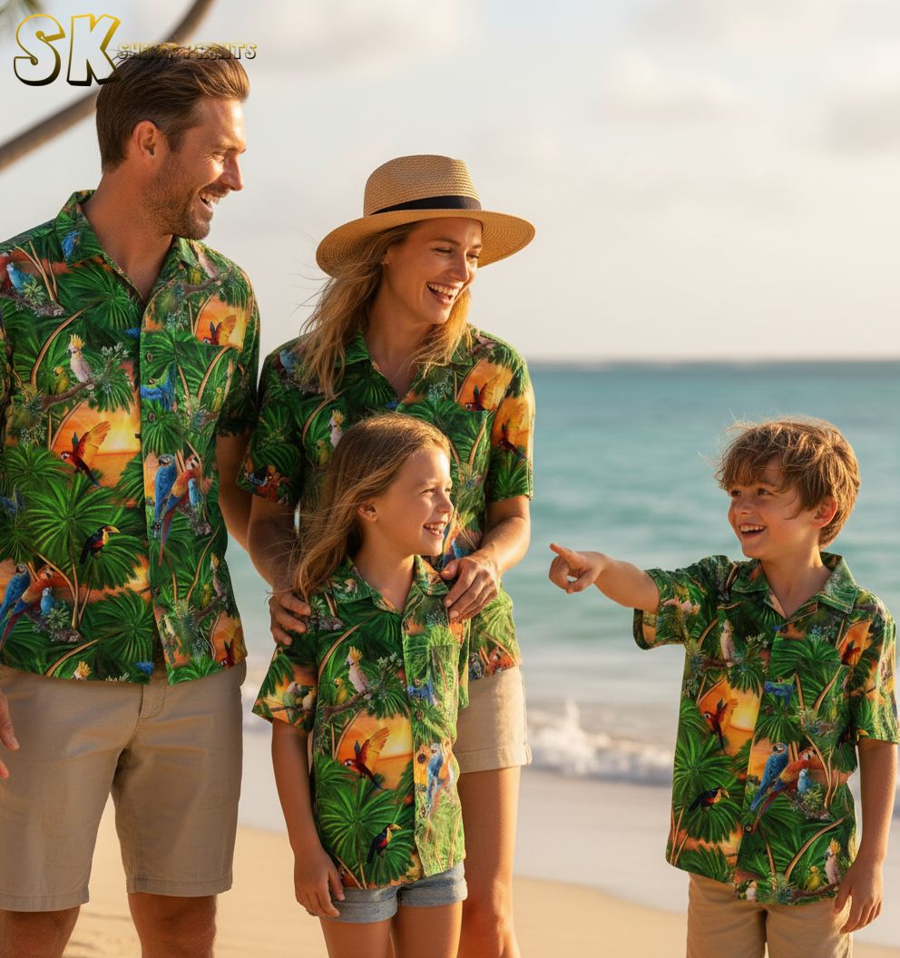 Sage green Hawaiian shirt with exotic bird print showing parrots and toucans nestled in tropical palm foliage