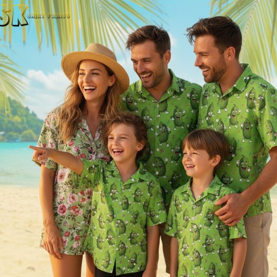 Sage green Hawaiian shirt with animated pickle characters in various poses surrounded by musical notes