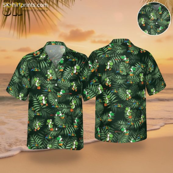 Sage green Hawaiian shirt featuring Super Mario character in multiple poses with tropical leaf background pattern