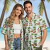 Santa Claus Hawaiian shirt showing bearded Santa with surfboards, flamingos and tropical beach elements