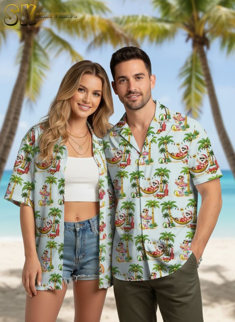 Santa Hawaiian Shirt – Bearded Santa Beach Vacation Christmas Aloha Shirt with Palm Trees and Hammock Design