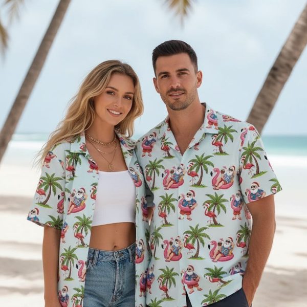 Santa Pool Float Christmas Hawaiian Shirt - Tropical Holiday Beach Shirt with Flamingo Pattern