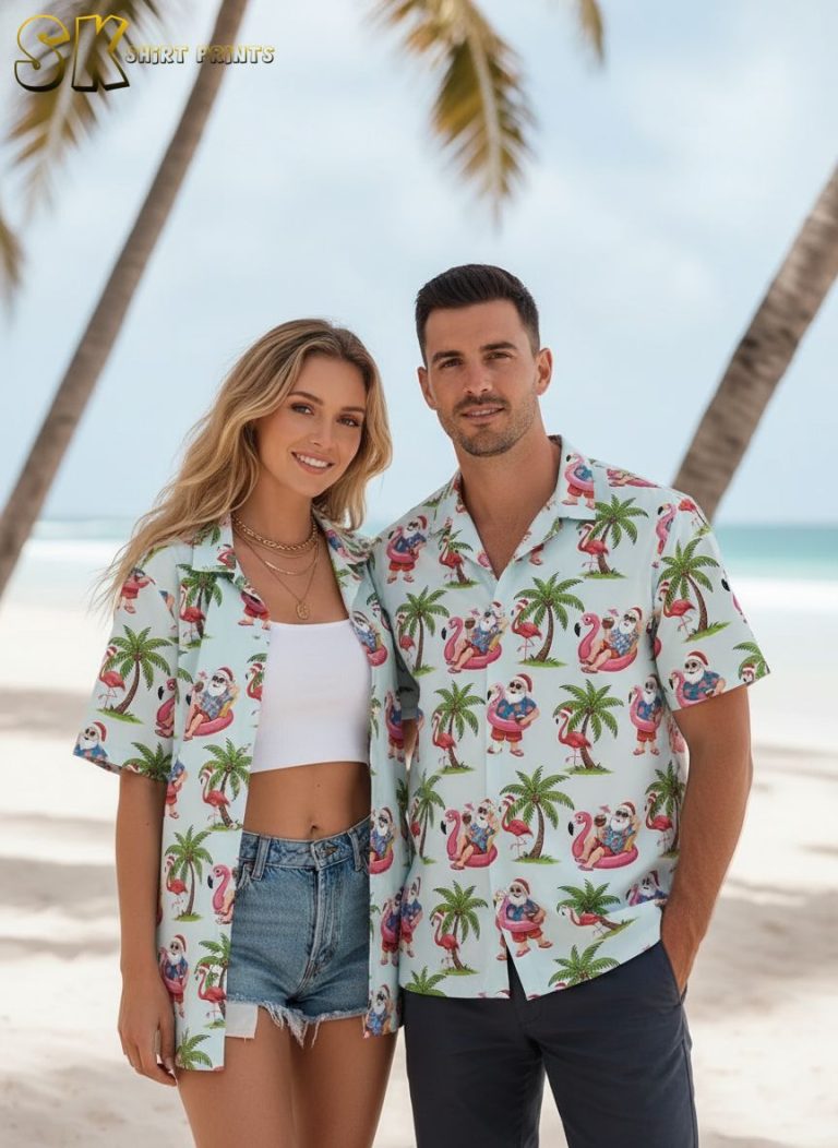 Santa Pool Float Christmas Hawaiian Shirt – Tropical Holiday Beach Shirt with Flamingo Pattern