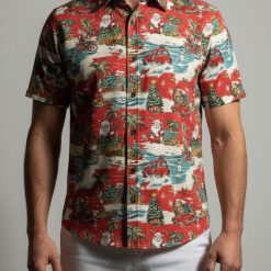 Santa Hawaiian shirt showing Santa driving vehicles and lounging with beach huts and palm trees