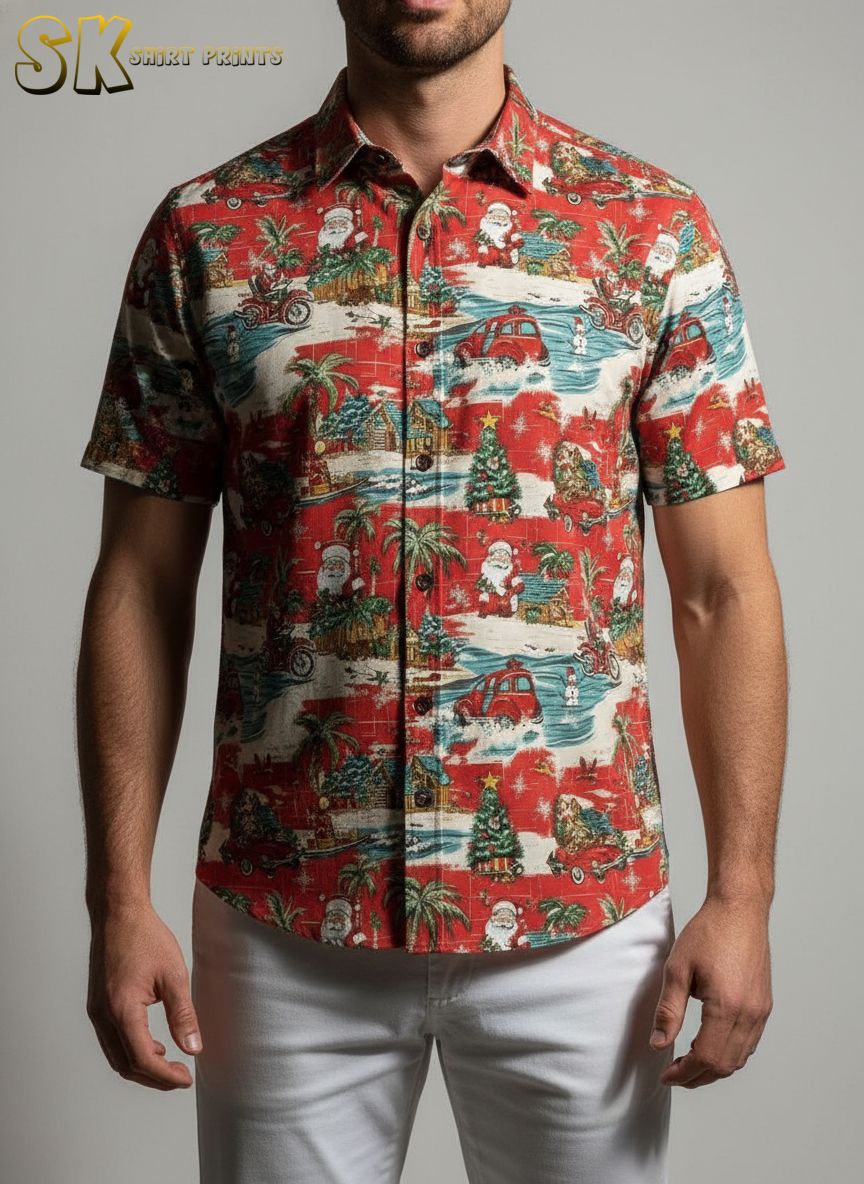 Santa Hawaiian shirt showing Santa driving vehicles and lounging with beach huts and palm trees