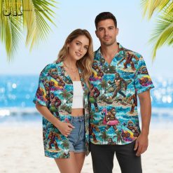 Sasquatch aloha shirt showing cryptid creature in tropical beach setting