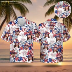 Semiquincentennial Hawaiian shirt featuring Uncle Sam faces with stars and stripes hats, fireworks and American flags