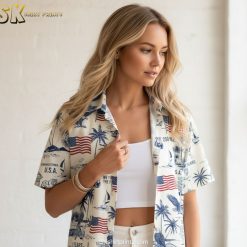 Semiquincentennial shirt specifications showing size chart and fabric details for Hawaiian shirt