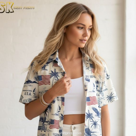 Semiquincentennial shirt specifications showing size chart and fabric details for Hawaiian shirt