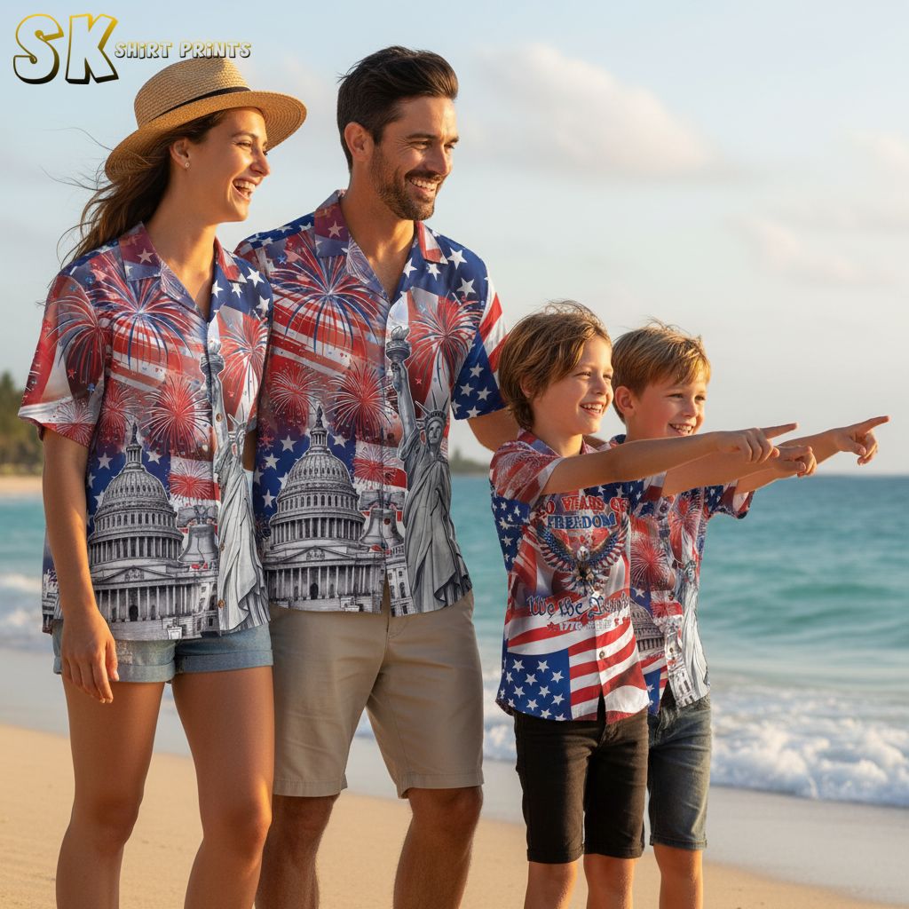 Statue of Liberty Hawaiian shirt collection showing multiple color options and patriotic designs