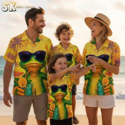 Strange Hawaiian apparel collection showcasing multiple color variations of frog design with tropical elements