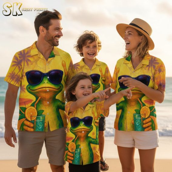 Strange Hawaiian apparel collection showcasing multiple color variations of frog design with tropical elements