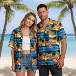 Summer aloha shirt with hibiscus flowers, palm trees, and sunset beach scene pattern