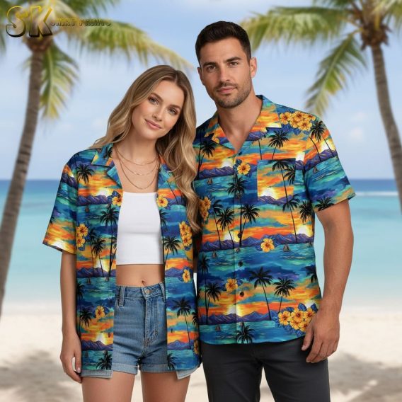 Summer aloha shirt with hibiscus flowers, palm trees, and sunset beach scene pattern