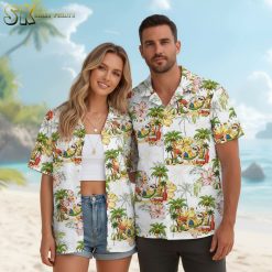 Summer aloha shirt displaying pineapple and hibiscus flower pattern in vibrant tropical colors