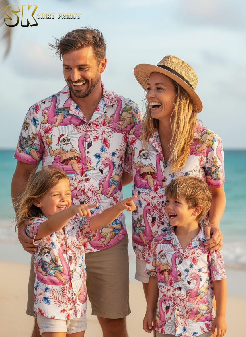 Surfing Santa Hawaiian shirt featuring Santa in beach vacation mode with sunglasses on flamingo floats surrounded by tropical flowers
