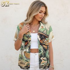 T rex hawaiian shirt specifications and sizing chart for black cat sombrero dinosaur design with measurements and fit guide