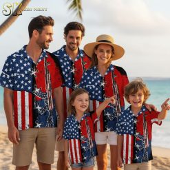 Tactical aloha shirt featuring American flag stars and stripes pattern with rifle design in red white and blue colors