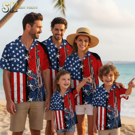 Tactical aloha shirt featuring American flag stars and stripes pattern with rifle design in red white and blue colors