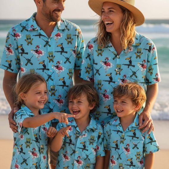 Tactical aloha shirt displaying gun graphics, flamingos with accessories, and tiki mask elements