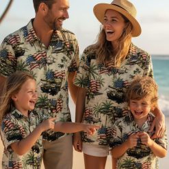 Operator tactical Hawaiian shirt with military hardware including tanks, jets and weapons on tropical background
