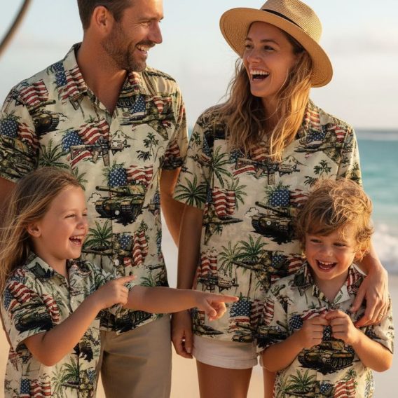 Operator tactical Hawaiian shirt with military hardware including tanks, jets and weapons on tropical background