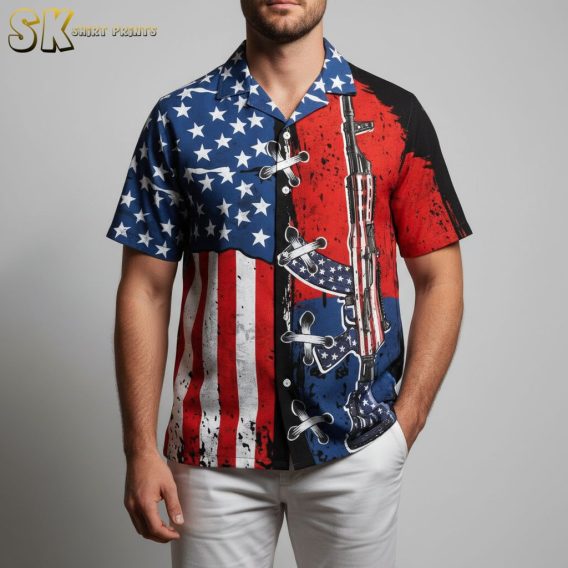 Tactical hawaiian shirt with patriotic American flag stars and stripes pattern combined with firearm design elements
