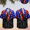 Tactical hawaiian shirts featuring American flag colors with white stars and rifle silhouettes in red white and blue