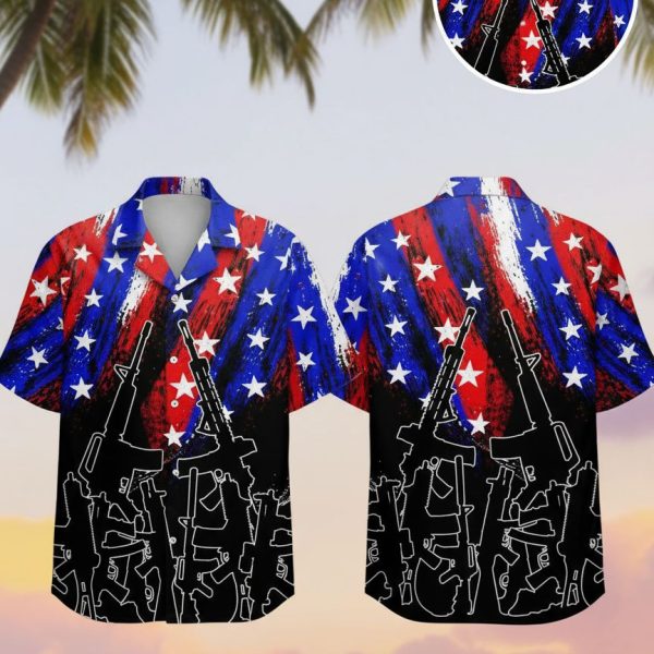 American Flag Tactical Hawaiian Shirts with Rifle Pattern - Patriotic Military Style