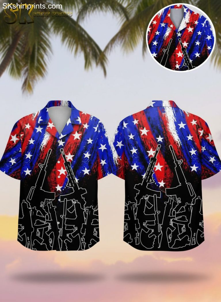 American Flag Tactical Hawaiian Shirts with Rifle Pattern – Patriotic Military Style
