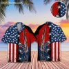 Tactical hawaiian shirts for men featuring American flag pattern with stars and stripes in red white and blue plus rifle imagery