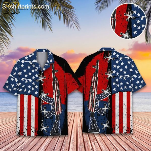 American Flag Rifle Print Tactical Hawaiian Shirts for Men - Patriotic Gun Design