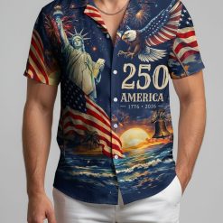Tactical hawaiian shirts for men with American patriotic symbols including eagle, Statue of Liberty and flag design