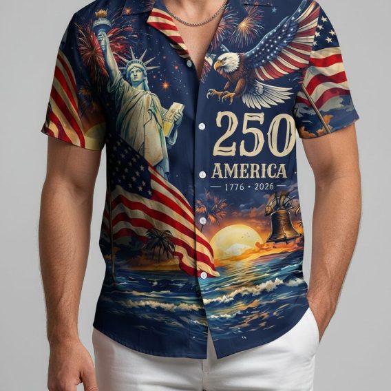 Tactical hawaiian shirts for men with American patriotic symbols including eagle, Statue of Liberty and flag design
