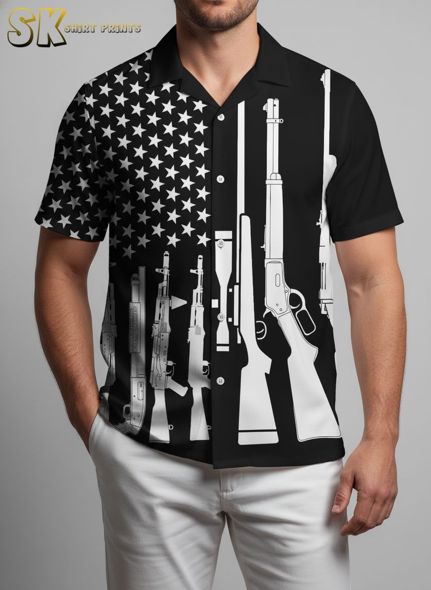 Tactical Hawaiian shirts for men with black and white firearm pattern and flag star design