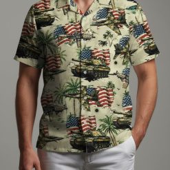 Mens tactical Hawaiian shirt displaying military tanks, aircraft and weapons in tropical shirt design