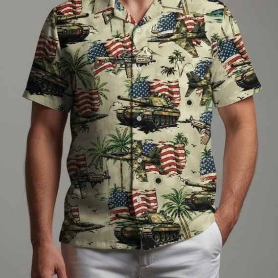 Mens tactical Hawaiian shirt displaying military tanks, aircraft and weapons in tropical shirt design