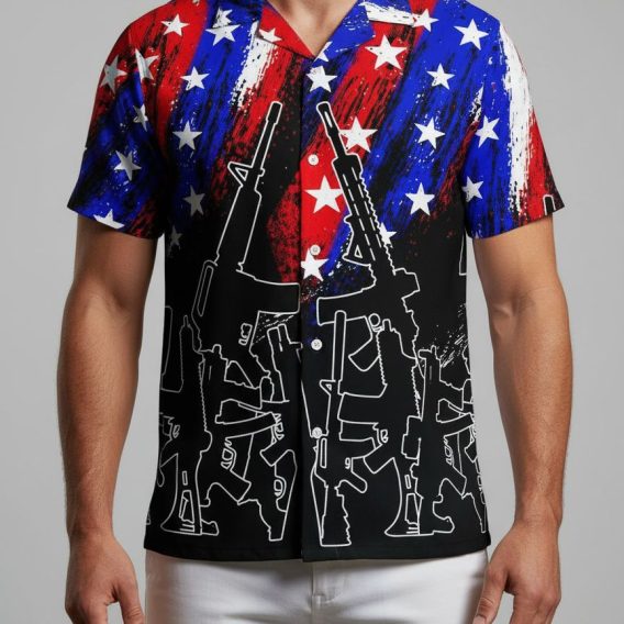 Tactical hawaiian shirts for men with American flag inspired design featuring rifle patterns and patriotic colors