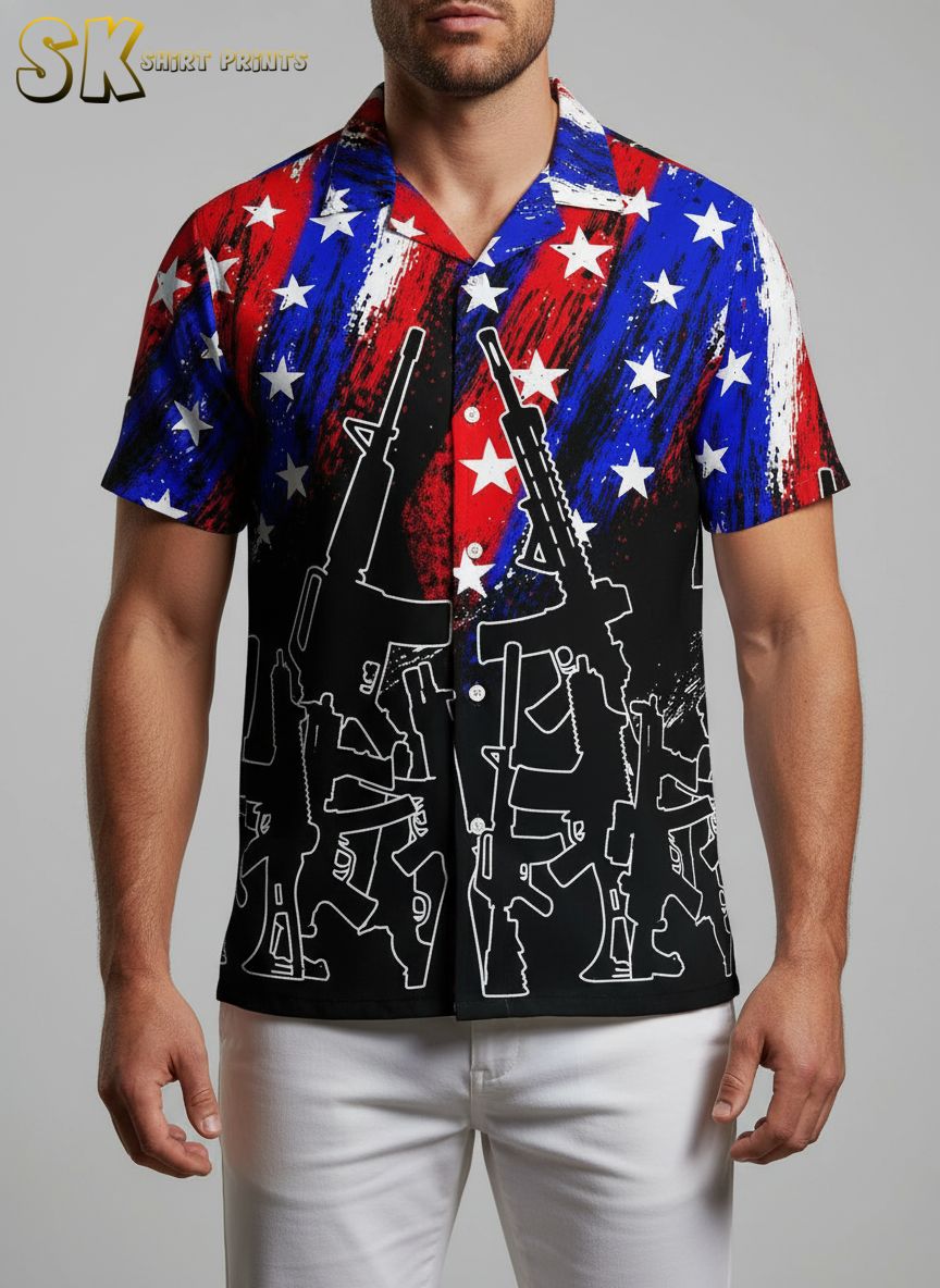 Tactical hawaiian shirts for men with American flag inspired design featuring rifle patterns and patriotic colors