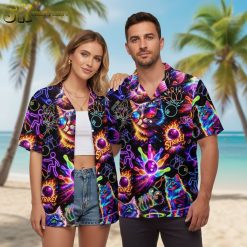 Tiki bowling shirts with cosmic neon cat design and bowling strike graphics