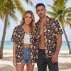 Trippy Hawaiian shirt displaying colorful mushroom pattern with psychedelic swirls and star motifs