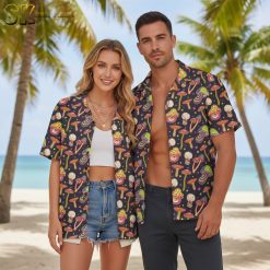 Trippy Hawaiian shirt displaying colorful mushroom pattern with psychedelic swirls and star motifs