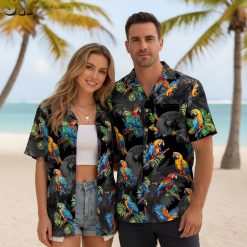 Tropical birds Hawaiian shirt worn outdoors featuring colorful parrots design perfect for summer activities