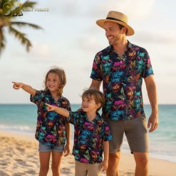 Tropical cat hawaiian shirt with multicolor design showing cats in sunglasses and vibrant leaf patterns