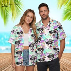 Men's tropical dog print aloha shirt with colorful Hawaiian pattern and button-up design
