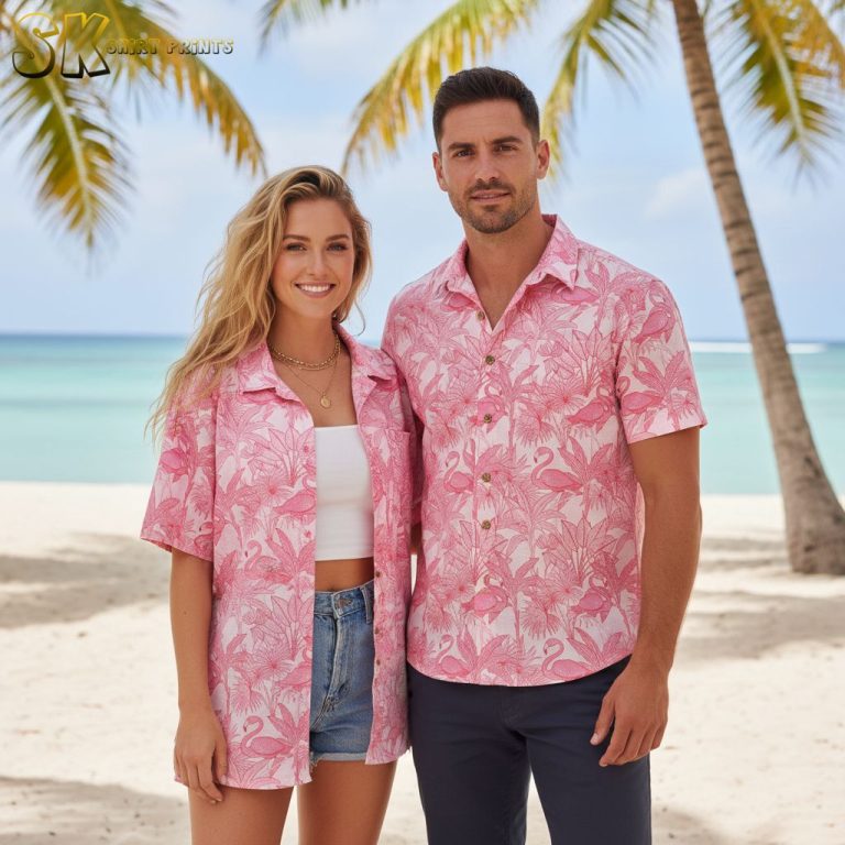 Pink Flamingo Hawaiian Shirt: Tropical Aloha Cotton Vacation Beach Wear with Palm Leaf Print